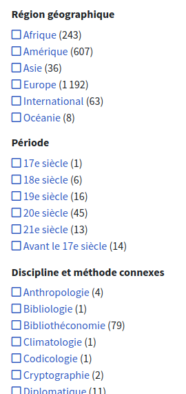 Exemples de facettes (Tiré de la Bibliographie francophone sur l’archivistique)