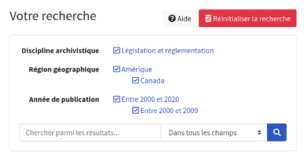Exemple de critères de recherche (Tiré de la Bibliographie francophone sur l’archivistique)