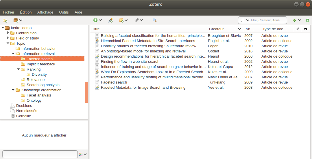 Aperçu de l'interface du logiciel Zotero